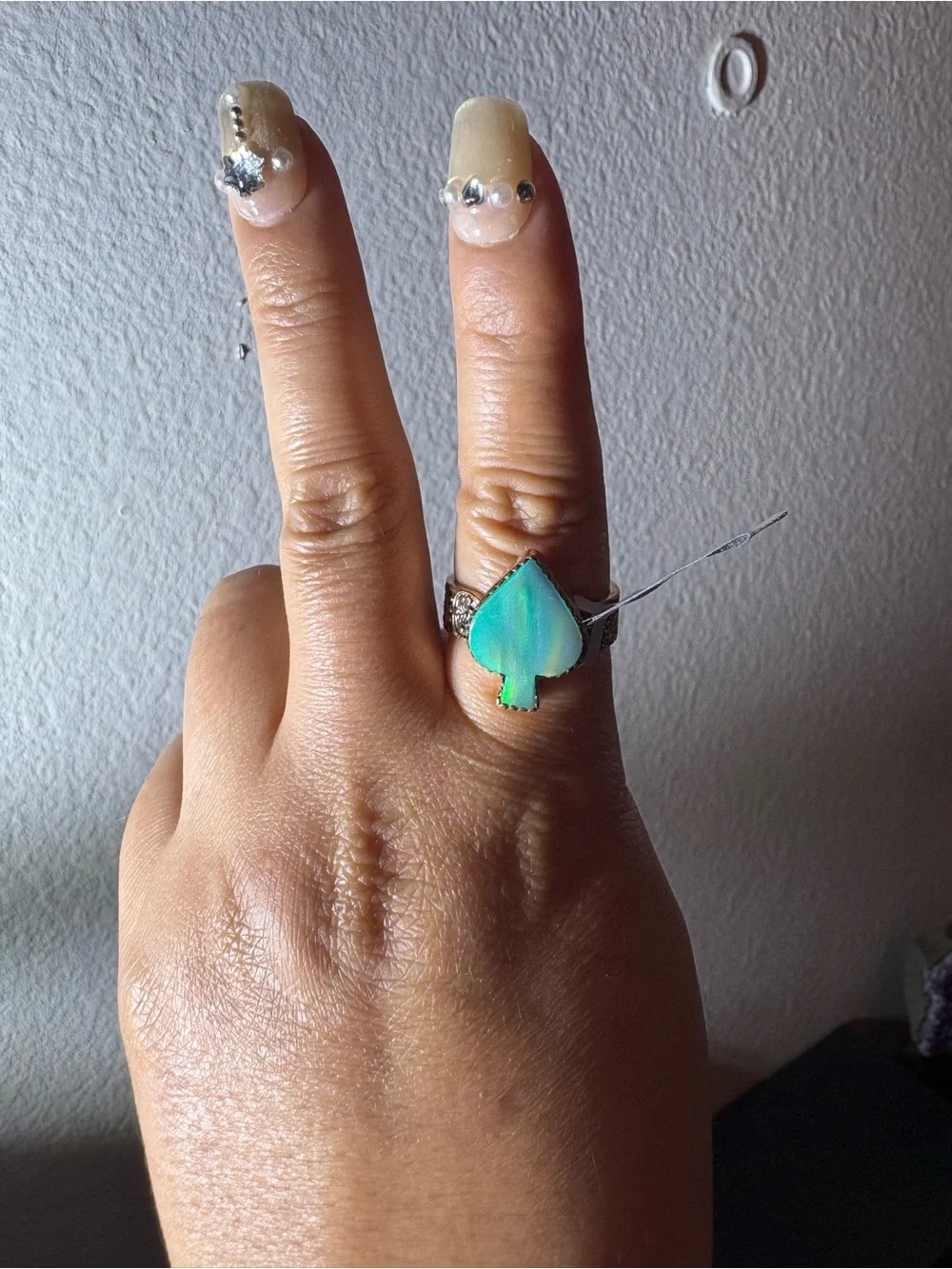 Spade-Shape Aurora  Stone Adjustable Copper Ring